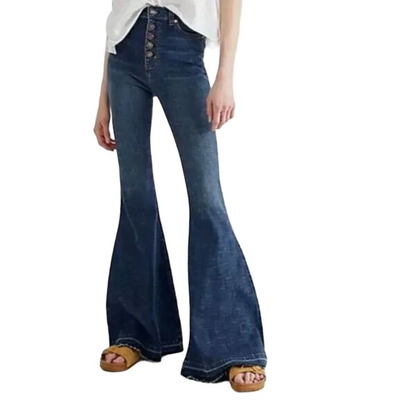 Free People We the Free Irreplaceable Extreme Blue Bell Bottoms Button Up Jeans - Picture 1 of 5